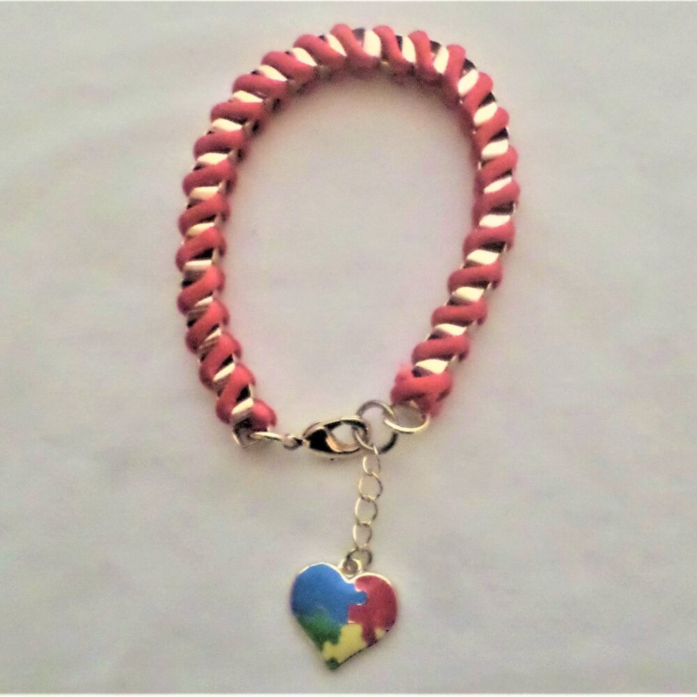 Venetian gold box links & persimmon satin braclet + Autism heart charm